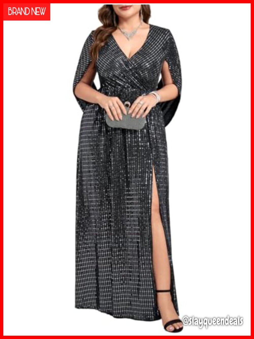 Plus Size Sequin Formal Maxi Dress Cape Sleeve Prom Evening Gown